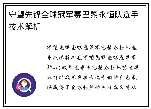 守望先锋全球冠军赛巴黎永恒队选手技术解析